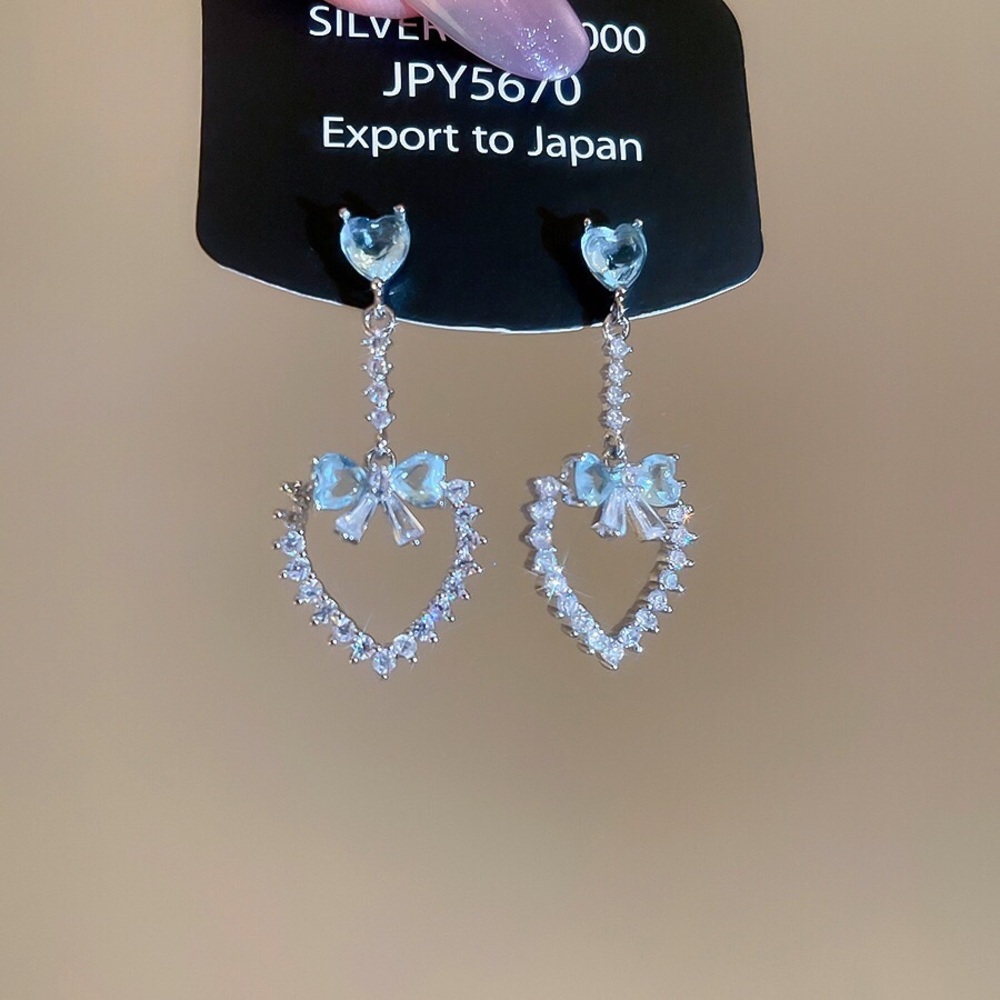 Heart Bow Drop Earrings - Silver Tone Crystal Hearts